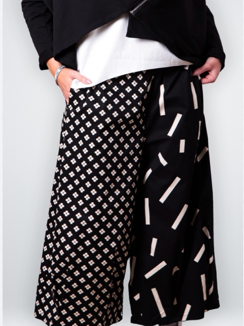 Italian Wendy Trendy Wide-Leg Women's Palazzo Pants Black White Graphic Print